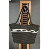 Doğal Hasır Jüt El Örmesi Günlük Kullanım ve Plaj İçin Uygun Bayan Çanta-Siyah Ortası Beyaz Çizgili thumbnail 1