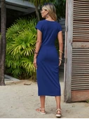 Kadın Kısa Kollu Bisiklet Yaka Yandan Yırtmaçlı Viskon Midi Elbise thumbnail 2