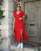 Kadın Kısa Kollu V Yaka Maxi Boy Elbise 124 Cm thumbnail 7