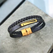 Harfe Özel 14 Ayar Altın Plakalı Dikdörtgen Figürlü Hakiki Siyah Derili Hediye Bileklik-393 thumbnail 1