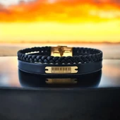 Piyano Temalı Dikdörtgen Motifli Erkeklere Özel Hakiki Siyah Derili 14 Ayar Altın Plakalı Hediye Bileklik-392 thumbnail 2