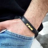 Doğum Ayına Özel 14 Ayar Altın Plakalı Üçgen Motifli Hakiki Siyah Derili Hediye Bileklik-390 thumbnail 2