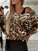 Kadın Uzun Kollu Askılı Yuvarlak Yakalı Yırtmaçlı Dalgıç Elbise Ile Yakalı Yunan Desenli Bluz Ikili Takım thumbnail 2