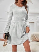 Kadın Uzun Kollu Bisiklet Yaka Beli Lastikli şardonlu Kaşkorse Mini Elbise thumbnail 5