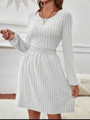 Kadın Uzun Kollu Bisiklet Yaka Beli Lastikli şardonlu Kaşkorse Mini Elbise thumbnail 6