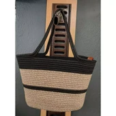 Doğal Hasır Jüt El Örmesi Günlük Kullanım ve Plaj İçin Uygun Bayan Çanta-Bej Siyah Çizgili v1 - 1