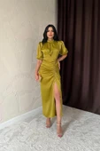 Yağ Yeşili Büzgülü Saten Elbise thumbnail 3