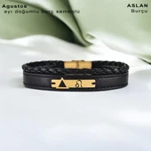 Doğum Ayına Özel 14 Ayar Altın Plakalı Üçgen Motifli Hakiki Siyah Derili Hediye Bileklik-390 thumbnail 3