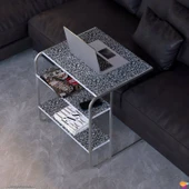 Modilayn C Yan Sehpa Geniş Boy Tekerlekli Çalışma, Atıştırmalık, Yemek, Laptop Sehpası Siyah Desenli - 1