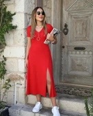 Kadın Kısa Kollu V Yaka Maxi Boy Elbise 124 Cm thumbnail 9