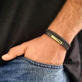 Harfe Özel 14 Ayar Altın Plakalı Dikdörtgen Figürlü Hakiki Siyah Derili Hediye Bileklik-393 thumbnail 2