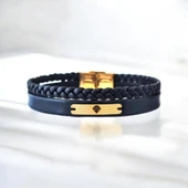 Elmas Temalı Dikdörtgen Figürlü 14 Ayar Altın Plakalı Erkeklere Özel Hakiki Siyah Derili Hediye Bileklik-395 thumbnail 2