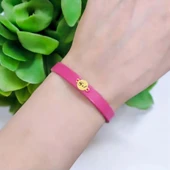 İsme Özel Yuvarlak Motifli Doğal Pembe Derili 14 Ayar Altın Plakalı Hediye Bileklik-394 thumbnail 2