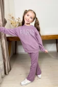 Kız Çocuk Kristal Taş Paris Yazılı İspanyol Paça Mor Eşofman Takım thumbnail 2