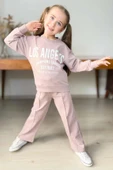 Kız Çocuk Üzeri New Los Angeles Detaylı Bilekleri Manşetli Bol Kesim Pudra Eşofman Takım thumbnail 1
