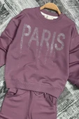 Kız Çocuk Kristal Taş Paris Yazılı İspanyol Paça Mor Eşofman Takım thumbnail 5