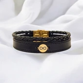 Yuvarlak Motifli Sonsuzluk Temalı Hakiki Siyah Derili 14 Ayar Altın Plakalı Erkeklere Özel Hediye Bileklik-396 thumbnail 2