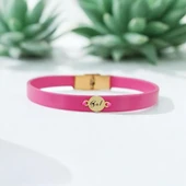 İsme Özel Yuvarlak Motifli Doğal Pembe Derili 14 Ayar Altın Plakalı Hediye Bileklik-394 thumbnail 1