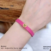 Doğum Ayına Özel 14 Ayar Altın Plakalı Yuvarlak Motifli Doğal Pembe Derili Hediye Bileklik-394 thumbnail 2