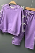 Kız Çocuk Kolları ve Gövdesi Fiyonk Şerit Detaylı Lila Eşofman Takım thumbnail 6