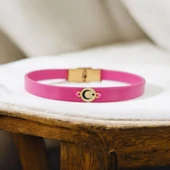 Sembole Özel Doğal Pembe Derili 14 Ayar Altın Plakalı Yuvarlak Motifli Hediye Bileklik-394 thumbnail 1