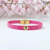 Burca Özel Yuvarlak Motifli Doğal Pembe Derili 14 Ayar Altın Plakalı Hediye Bileklik-394 thumbnail 1