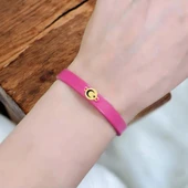 Sembole Özel Doğal Pembe Derili 14 Ayar Altın Plakalı Yuvarlak Motifli Hediye Bileklik-394 thumbnail 2