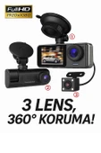 WiFi Destekli 3 Lensli Araç Kamerası  1080P Full HD Gece Görüşü, G Sensör, 360 Kayıt - 1