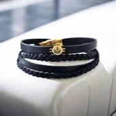 Yuvarlak Figürlü Taç Temalı Erkeklere Özel Hakiki Siyah Derili 14 Ayar Altın Plakalı Hediye Bileklik-398 thumbnail 1