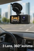 WiFi Destekli 3 Lensli Araç Kamerası  1080P Full HD Gece Görüşü, G Sensör, 360 Kayıt - 6