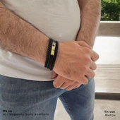 Burca Özel Taç Motifli Hakiki Siyah Derili 14 Ayar Altın Plakalı Hediye Bileklik-397 thumbnail 3