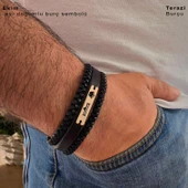 Doğum Ayına Özel 14 Ayar Altın Plakalı Taç Motifli Hakiki Siyah Derili Hediye Bileklik-397 thumbnail 2