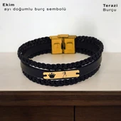 Burca Özel Taç Motifli Hakiki Siyah Derili 14 Ayar Altın Plakalı Hediye Bileklik-397 thumbnail 1