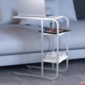 Modilayn C Yan Sehpa Dar Boy Tekerlekli Çalışma, Atıştırmalık, Yemek, Laptop Sehpası Beyaz Desenli - 2