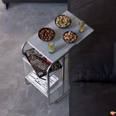 Modilayn C Yan Sehpa Dar Boy Tekerlekli Çalışma, Atıştırmalık, Yemek, Laptop Sehpası Beyaz Çizgili - 1