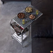 Modilayn C Yan Sehpa Dar Boy Tekerlekli Çalışma, Atıştırmalık, Yemek, Laptop Sehpası Siyah Desenli - 1