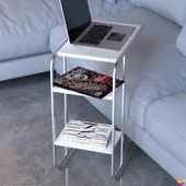 Modilayn C Yan Sehpa Dar Boy Tekerlekli Çalışma, Atıştırmalık, Yemek, Laptop Sehpası Beyaz Desenli - 5