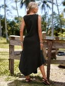 Kadın Askılı Yuvarlak Yaka Düğmeli Asimetrik Kesim Detaylı Ithal Keten Elbise thumbnail 2