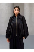 MY DEPO Kırışık Saten Oversize Takım – Fermuarlı Bluz & Balo Paça Pantolon - 4
