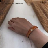 Burca Özel Yuvarlak Motifli Doğal Kahverengi Derili 14 Ayar Altın Plakalı Hediye Bileklik-401 thumbnail 1