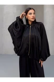MY DEPO Kırışık Saten Oversize Takım – Fermuarlı Bluz & Balo Paça Pantolon - 1