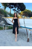 MY DEPO Kadın Askılı Göğüs Büzgülü Sırt Drapeli Yırtmaçlı Midi Elbise - 4