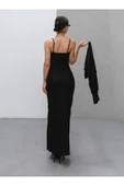 MY DEPO Kadın Bolero Ceketli Yırtmaç Detaylı Askılı Uzun Elbise - 4