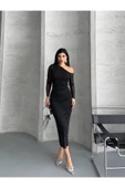 MY DEPO Kadın Omuz Dekolteli Taşlı Tül Midi Elbise - 1