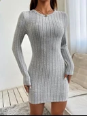 Kadın Uzun Kollu Bisiklet Yaka şardonlu Kalın Fitilli Kaşkorse Mini Boy Elbise thumbnail 2