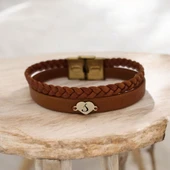 Harfe Özel 14 Ayar Altın Plakalı Kalp Figürlü Doğal Kahverengi Derili Hediye Bileklik-401 thumbnail 2