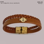 Doğum Ayına Özel 14 Ayar Altın Plakalı Yuvarlak Motifli Doğal Kahverengi Derili Hediye Bileklik-401 thumbnail 2