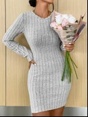 Kadın Uzun Kollu Bisiklet Yaka şardonlu Kalın Fitilli Kaşkorse Mini Boy Elbise thumbnail 4