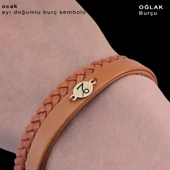 Doğum Ayına Özel 14 Ayar Altın Plakalı Yuvarlak Motifli Doğal Kahverengi Derili Hediye Bileklik-401 thumbnail 3