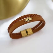 Sembole Özel Doğal Kahverengi Derili 14 Ayar Altın Plakalı Kalp Figürlü Hediye Bileklik-401 thumbnail 2